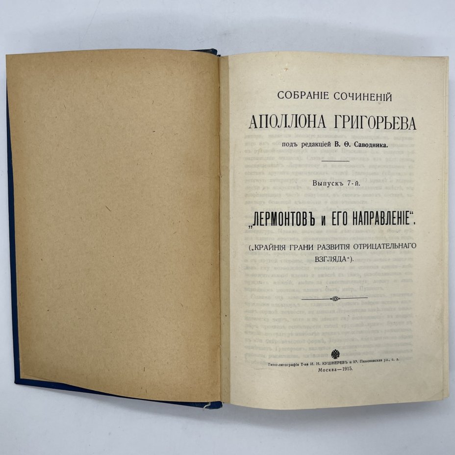 Собрание сочинений Аполлона Григорьева под редакцией В. Ф. Саводника. Выпуск 7,  "Лермонтов и его направление" ("Крайние грани развития отрицательного взгляда"), Типо-литография товарищества «И.Н. Кушнерев и Ко»