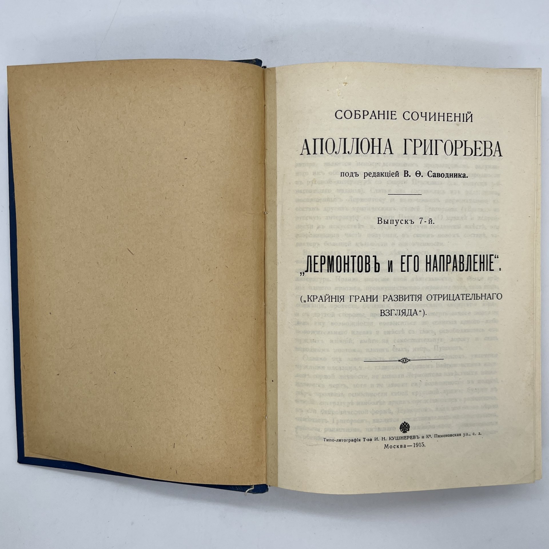 Собрание сочинений Аполлона Григорьева под редакцией В. Ф. Саводника. Выпуск 7,  "Лермонтов и его направление" ("Крайние грани развития отрицательного взгляда"), Типо-литография товарищества «И.Н. Кушнерев и Ко»