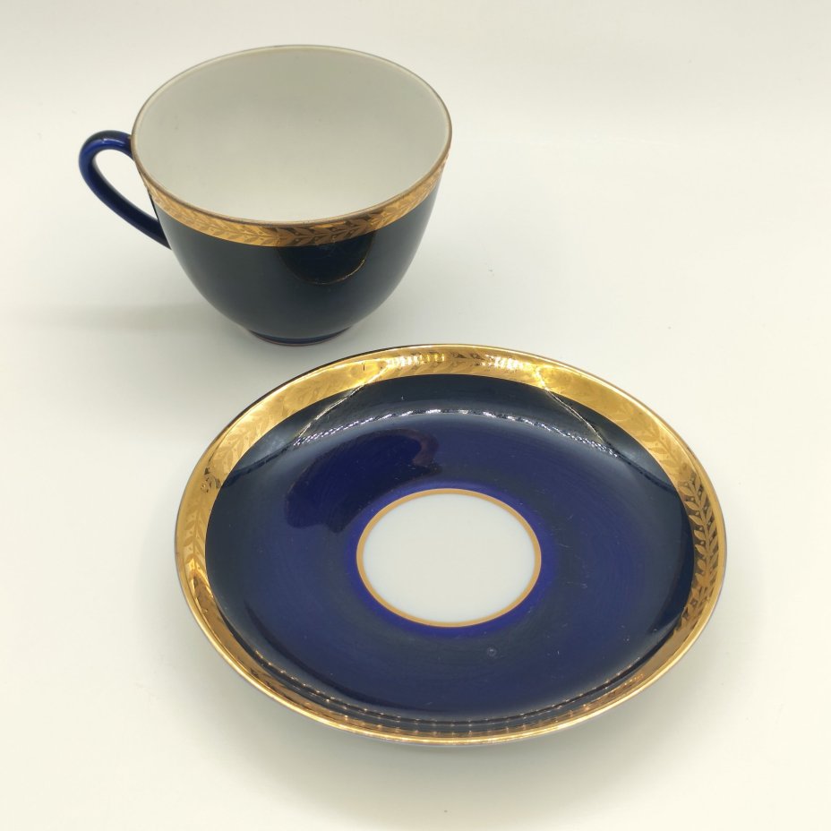 Пара чайная "Колос", фарфор, крытье кобальтом, золочение, Ленинградский фарфоровый завод (ЛФЗ), СССР, 1970-1991 гг., Ленинградский фарфоровый завод (ЛФЗ)