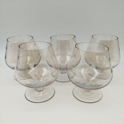 Набор коньячных бокалов на 5 персон, стекло, люстр, резьба, СССР, 1970-1990 гг.