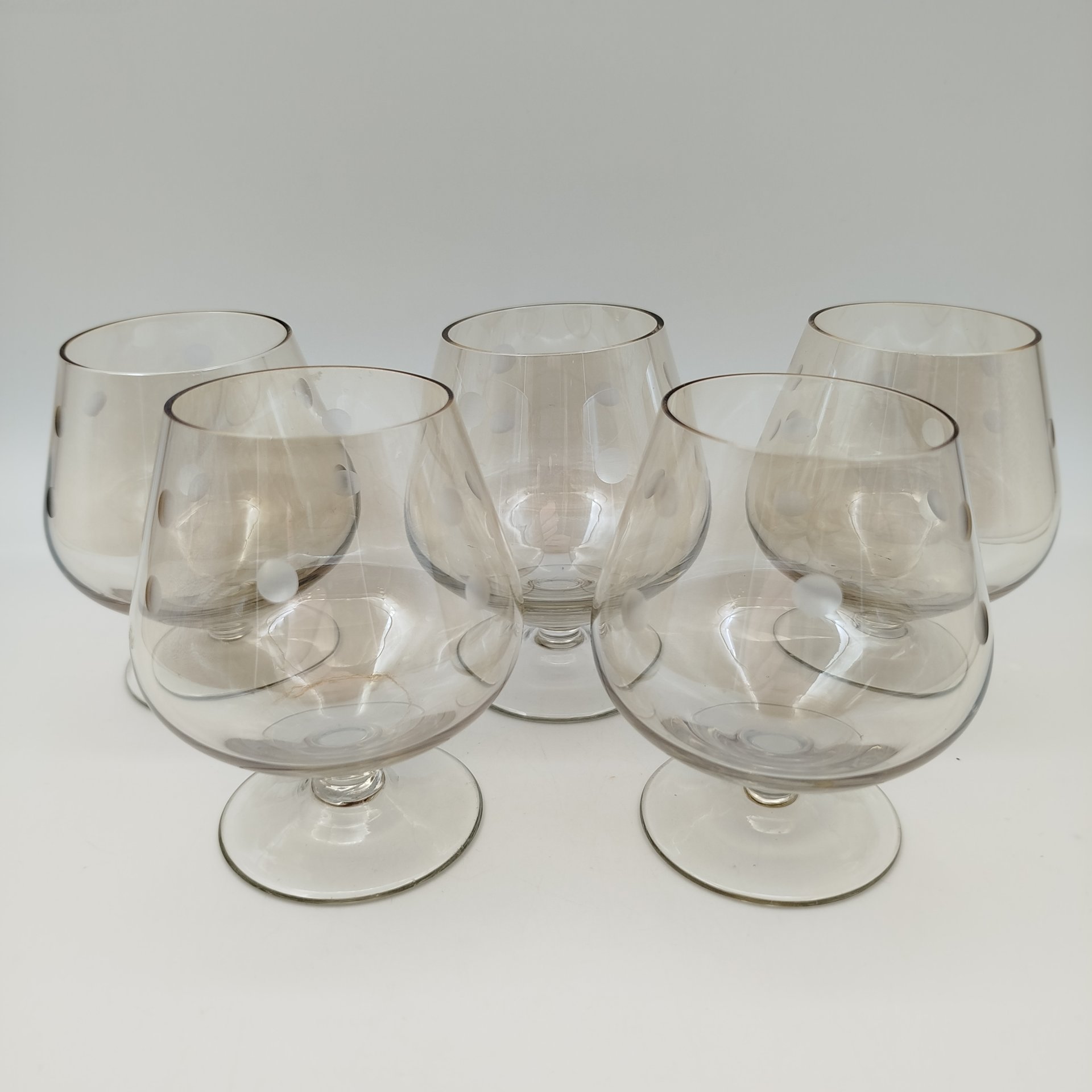 Набор коньячных бокалов на 5 персон, стекло, люстр, резьба, СССР, 1970-1990 гг.