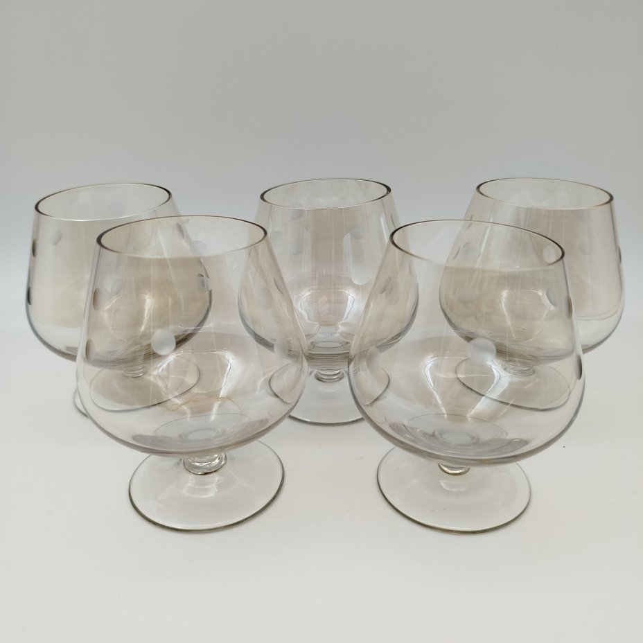 Набор коньячных бокалов на 5 персон, стекло, люстр, резьба, СССР, 1970-1990 гг.