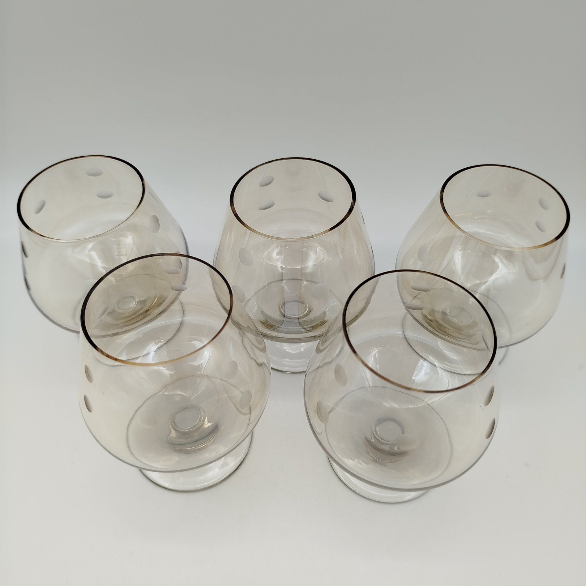 Набор коньячных бокалов на 5 персон, стекло, люстр, резьба, СССР, 1970-1990 гг.