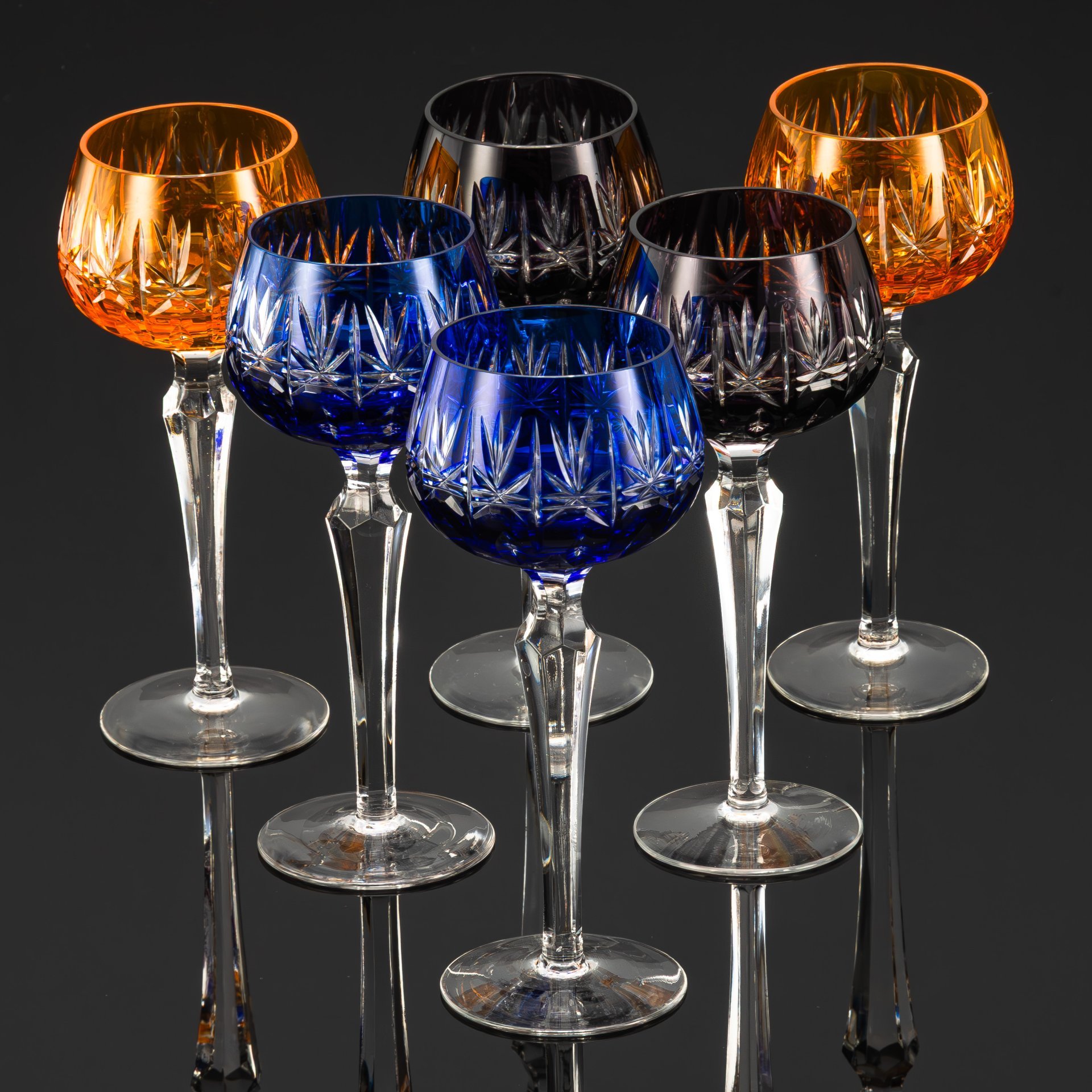 Набор бокалов для вина на 6 персон, украшенных резным орнаментом, хрусталь, алмазная грань, Echt Bleikristall, Германия, 1970-1990 гг.