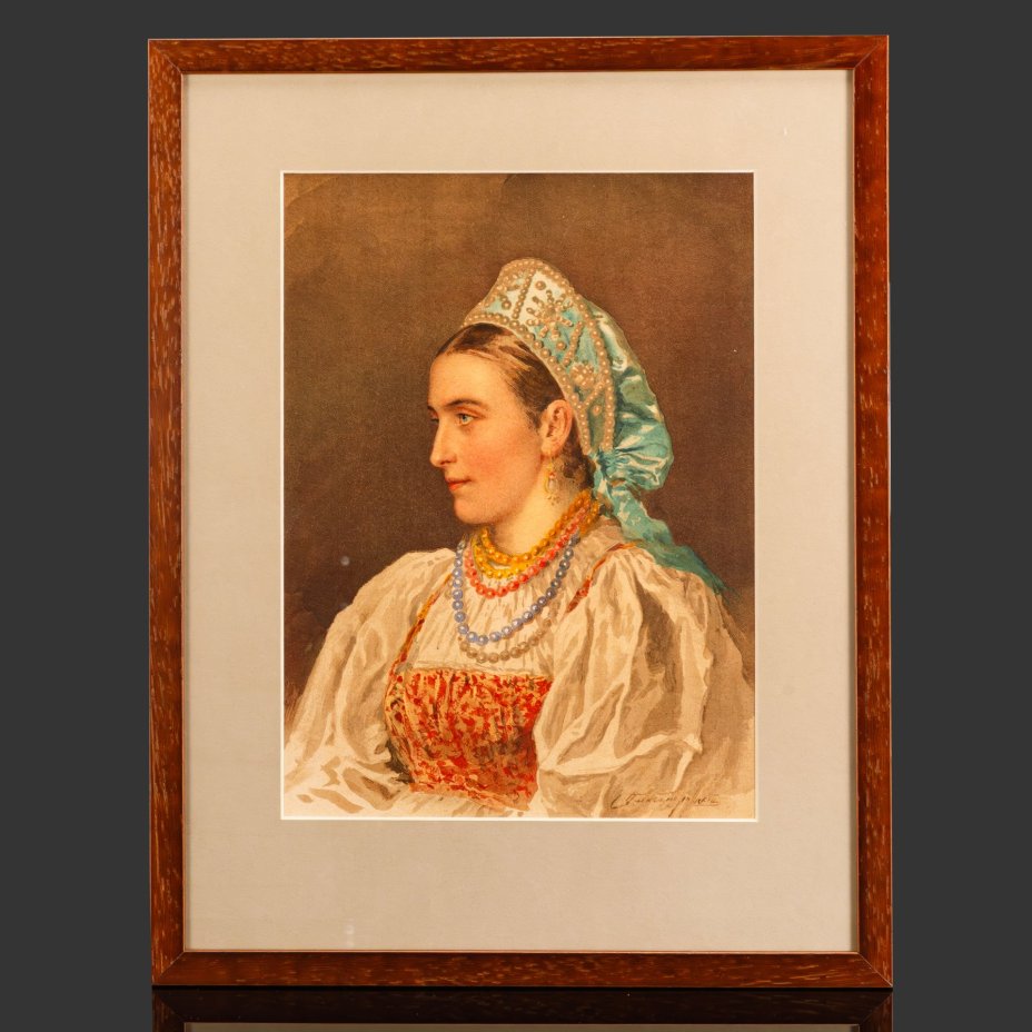 Хромолитография по картине "Русская молодица" в раме, автор акварели Степан Федорович Александровский, Артистическое заведение А.Ф. Маркса, бумага, печать, картон, стекло, Российская империя, 1893 г.