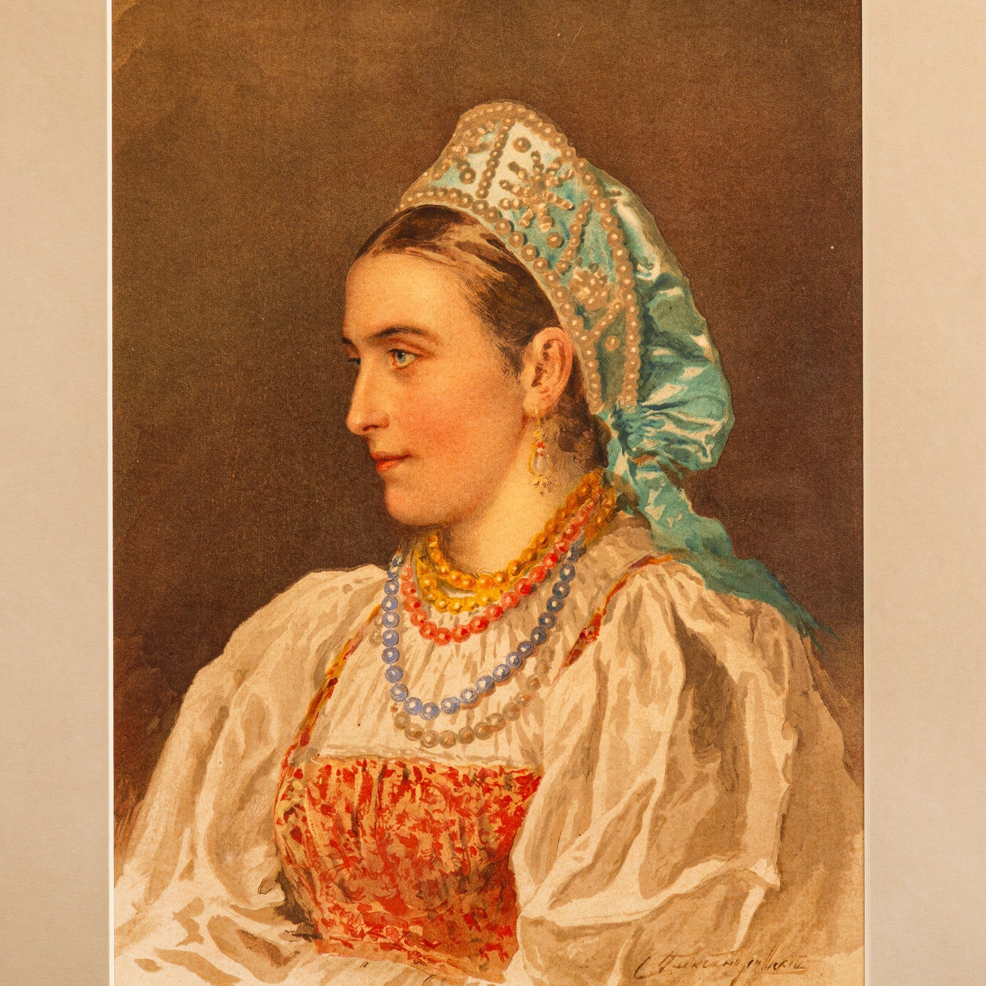 Хромолитография по картине "Русская молодица" в раме, автор акварели Степан Федорович Александровский, Артистическое заведение А.Ф. Маркса, бумага, печать, картон, стекло, Российская империя, 1893 г.