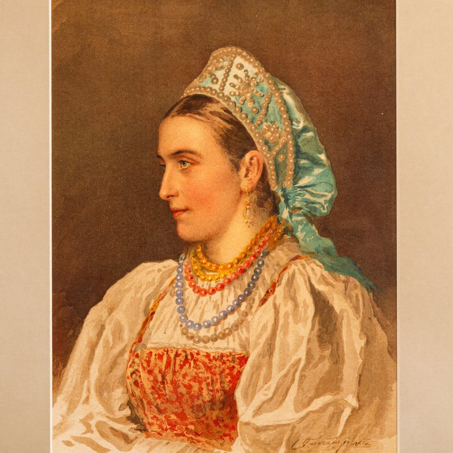 Хромолитография по картине "Русская молодица" в раме, автор акварели Степан Федорович Александровский, Артистическое заведение А.Ф. Маркса