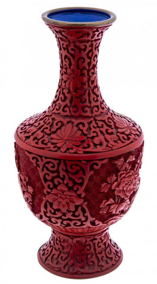 Ваза "Букет пионов", лак, резьба, металл, эмаль, Китай, 1970-1990 гг.
