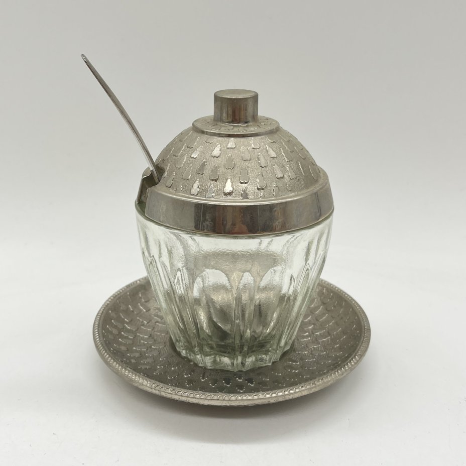 Горчичница с ложечкой на подносе, стекло, металл, СССР, 1960-1990 гг.