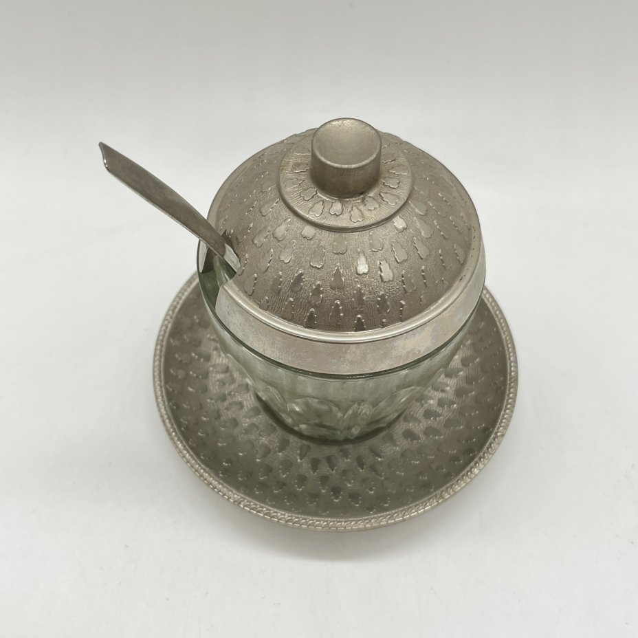 Горчичница с ложечкой на подносе, стекло, металл, СССР, 1960-1990 гг.