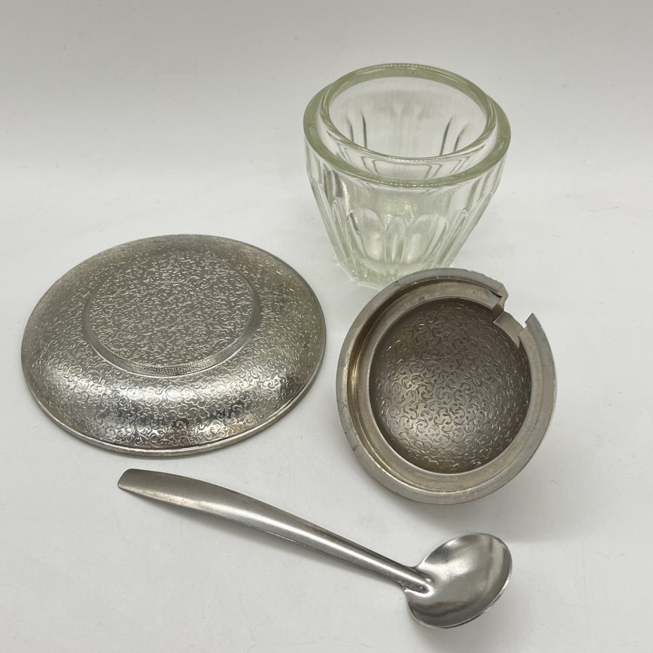 Горчичница с ложечкой на подносе, стекло, металл, СССР, 1960-1990 гг.