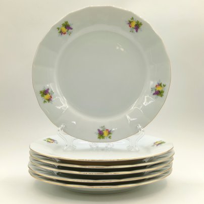 Набор из 6-ти обеденных тарелок с декором в виде фруктов и ягод, фарфор, деколь, золочение, Epiag D. F., Чехия, 1990-2015 гг.