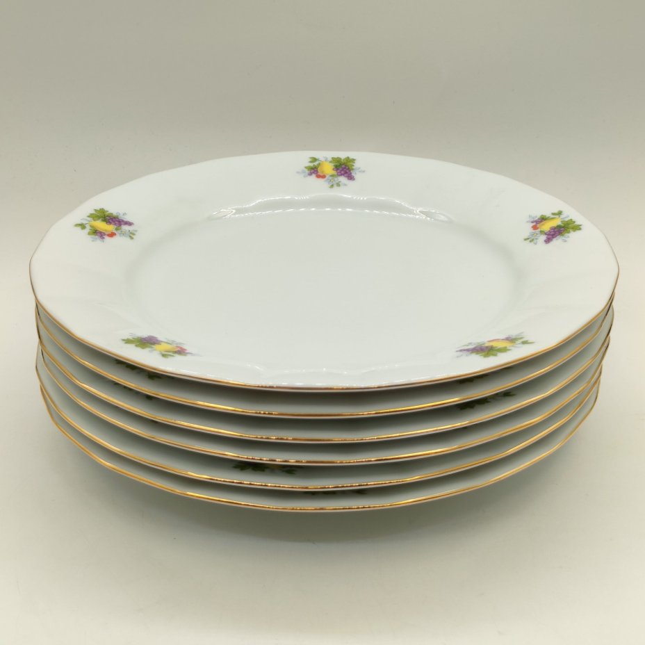 Набор из 6-ти обеденных тарелок с декором в виде фруктов и ягод, фарфор, деколь, золочение, Epiag D. F., Чехия, 1990-2015 гг.