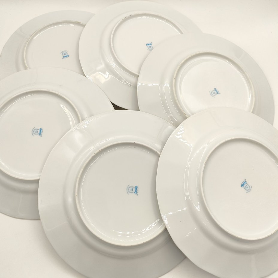 Набор из 6-ти обеденных тарелок с декором в виде фруктов и ягод, фарфор, деколь, золочение, Epiag D. F., Чехия, 1990-2015 гг.