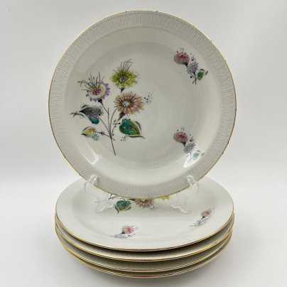 Набор десертных тарелок с абстрактным цветочным декором на 5 персон, фарфор, деколь, золочение, Stadtlengsfeld Joachim Döring/Rudolf Vogler, Германия, 1959-1963 гг.
