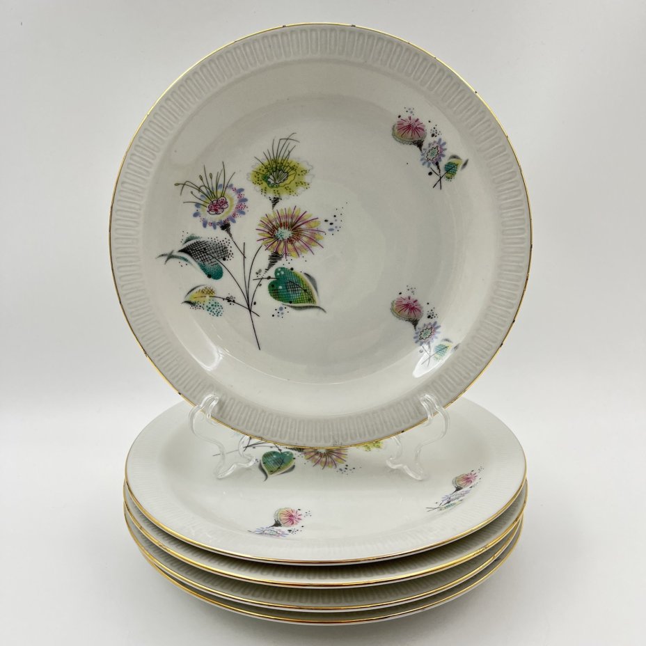 Набор десертных тарелок с абстрактным цветочным декором на 5 персон, фарфор, деколь, золочение, Stadtlengsfeld Joachim Döring/Rudolf Vogler, Германия, 1959-1963 гг.