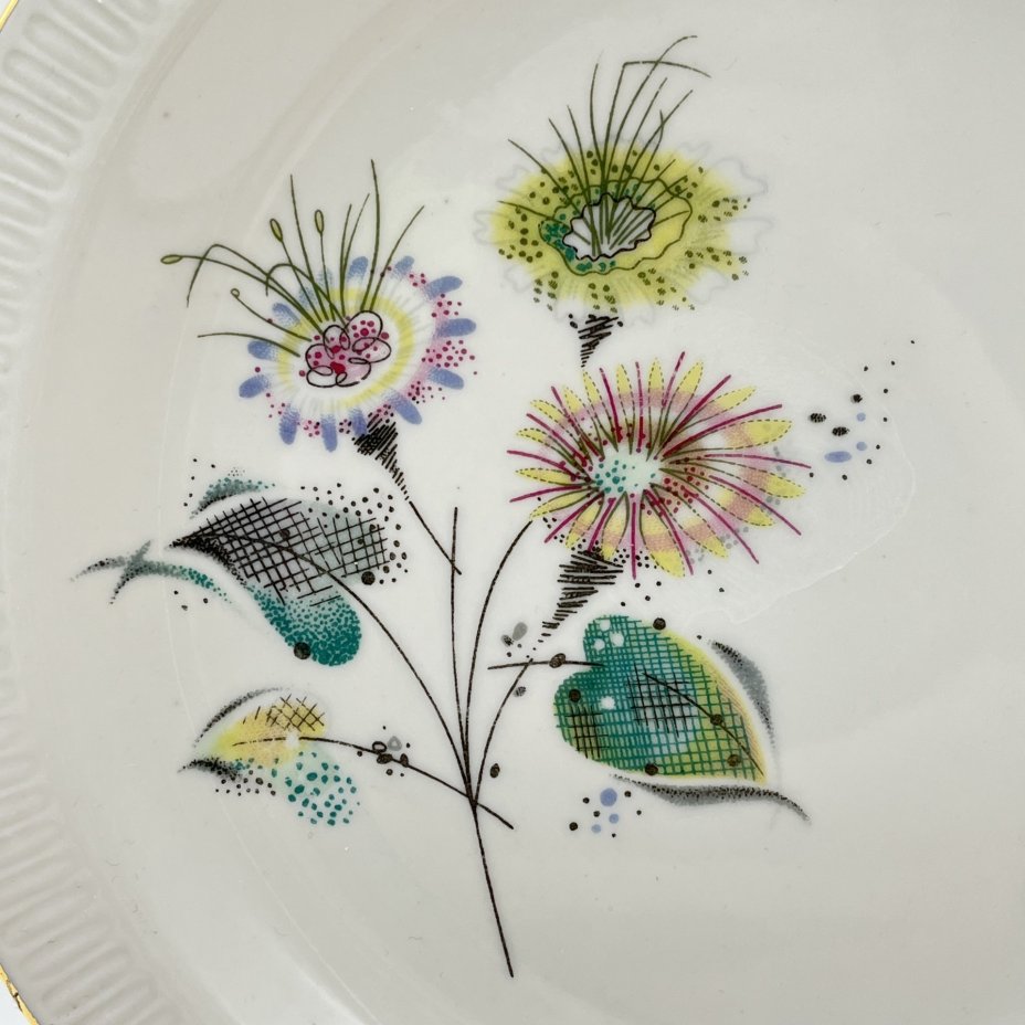 Набор десертных тарелок с абстрактным цветочным декором на 5 персон, фарфор, деколь, золочение, Stadtlengsfeld Joachim Döring/Rudolf Vogler, Германия, 1959-1963 гг.