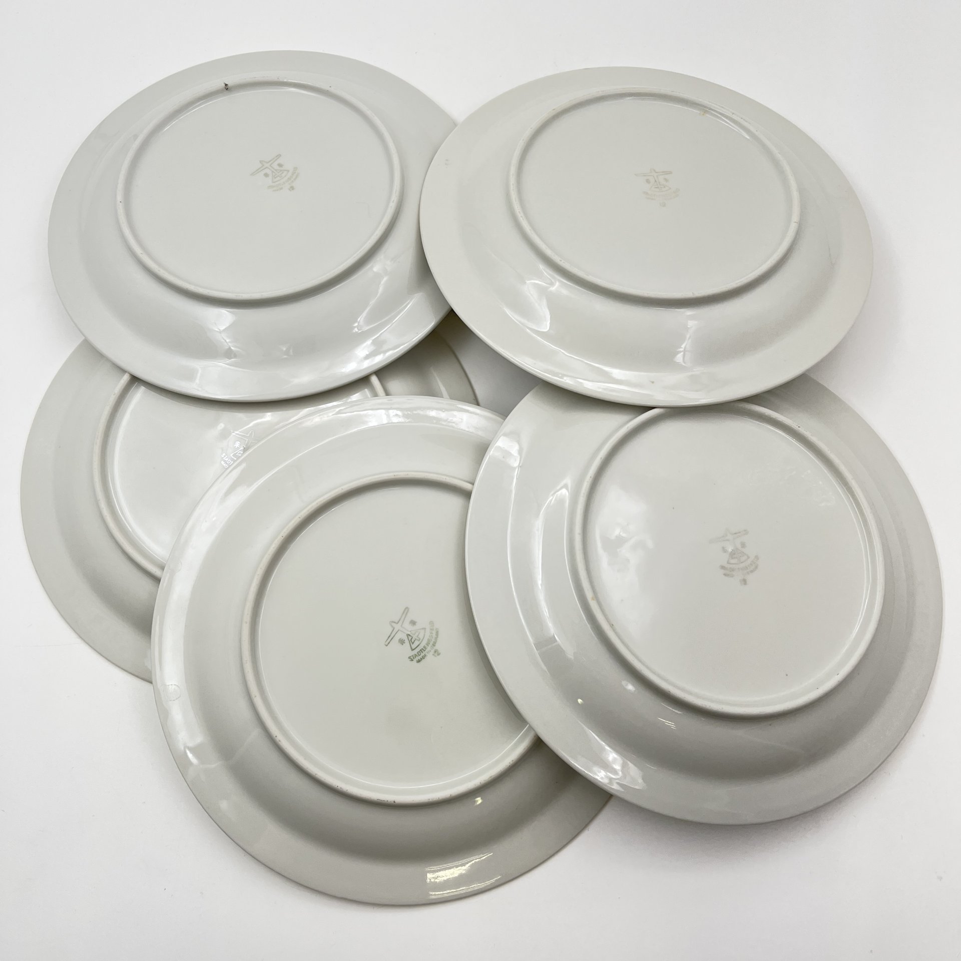 Набор десертных тарелок с абстрактным цветочным декором на 5 персон, фарфор, деколь, золочение, Stadtlengsfeld Joachim Döring/Rudolf Vogler, Германия, 1959-1963 гг.