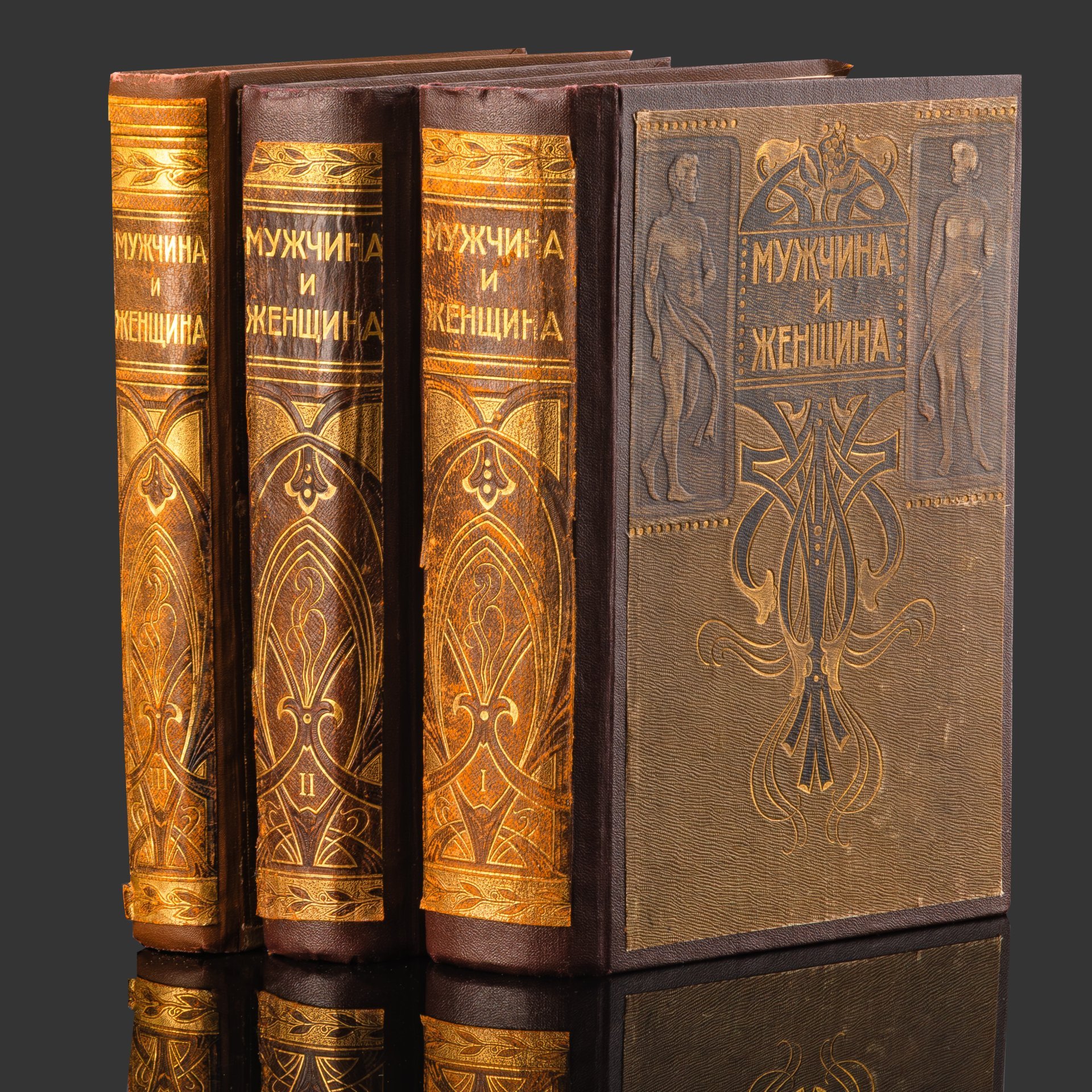 Книги "Мужчина и женщина: их взаимные отношения и положения, занимаемое ими в современной культурной жизни" (в трех томах), бумага, печать, кожа, золочение, Российская империя, 1911 г.