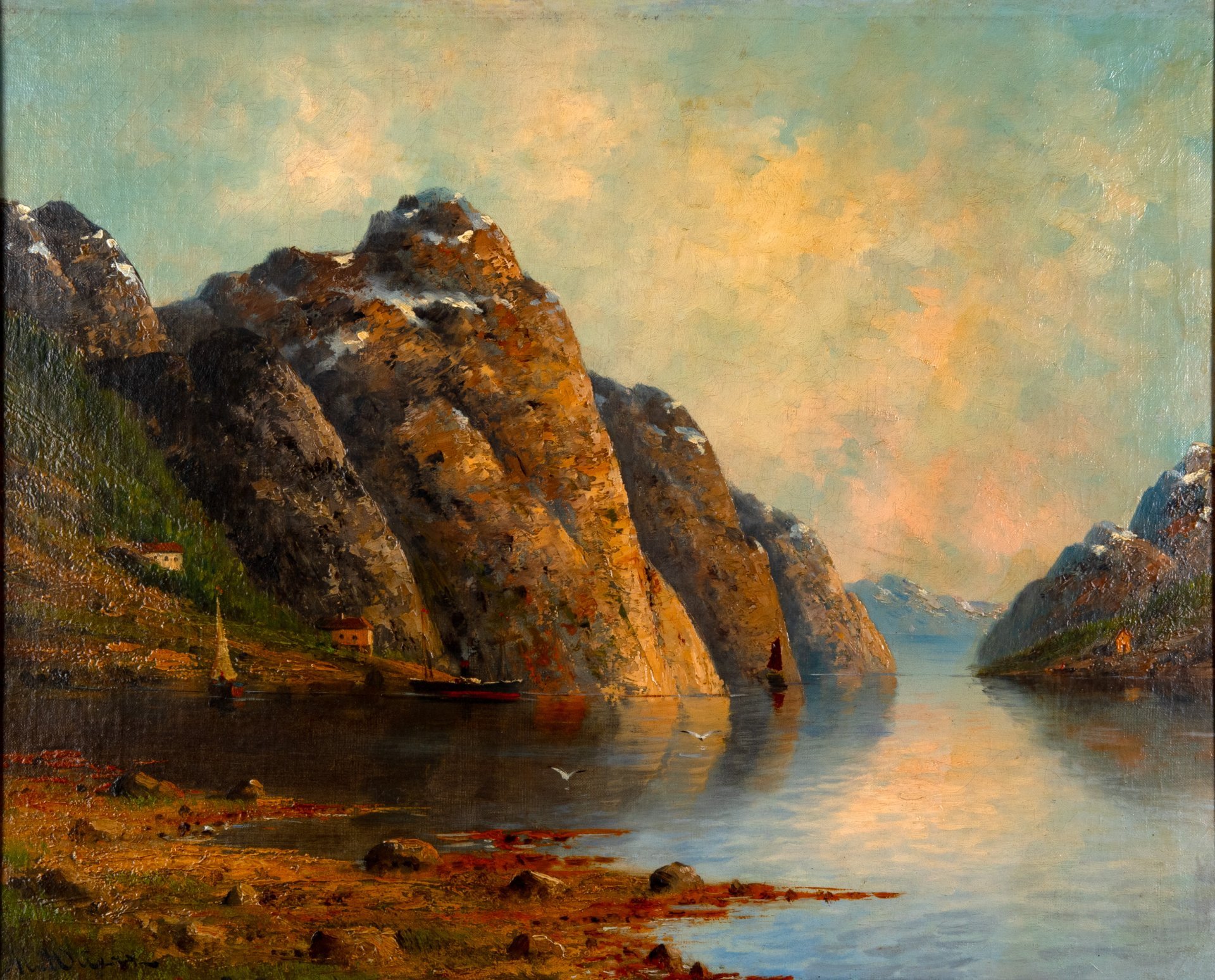 Картина "Пейзаж с горным озером", автор М. Вулрц (M. Wulrz), холст, масло, в современной раме, Австрия, 1880-1900 гг.
