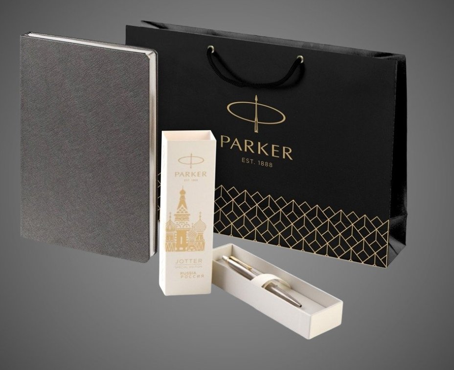 Подарочный набор: Шариковая ручка Parker Jotter Russia Steel GT и Ежедневник недатированный серый, Кожа и мех: искусственная кожа, латунь, нержавеющая сталь