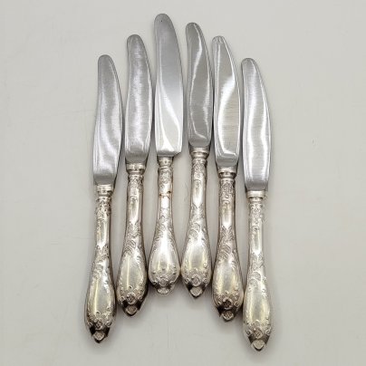 Набор из 6 десертных ножей "Пламя", мНЦ (медь-никель-цинк), Вольнянский завод столовых приборов им. Шевченко (ЗiШ, ЗиШ), СССР, 1970-1990 гг.