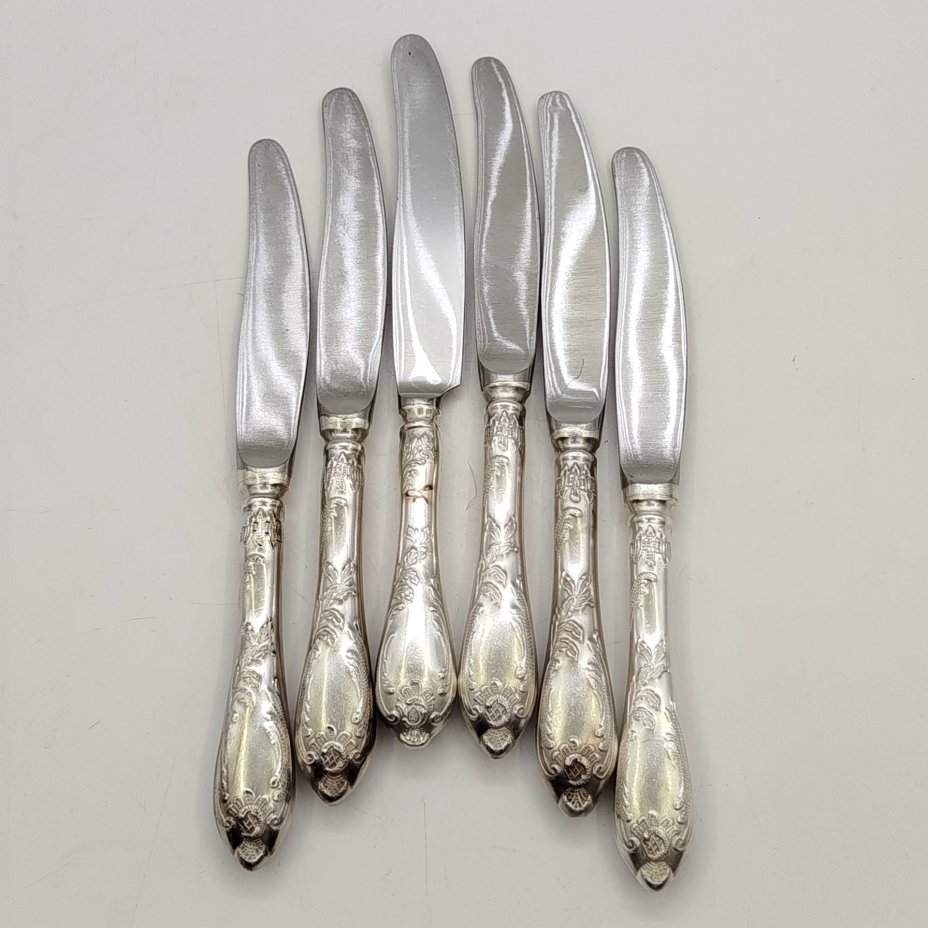 Набор из 6 десертных ножей "Пламя", мНЦ (медь-никель-цинк), Вольнянский завод столовых приборов им. Шевченко (ЗiШ, ЗиШ), СССР, 1970-1990 гг.