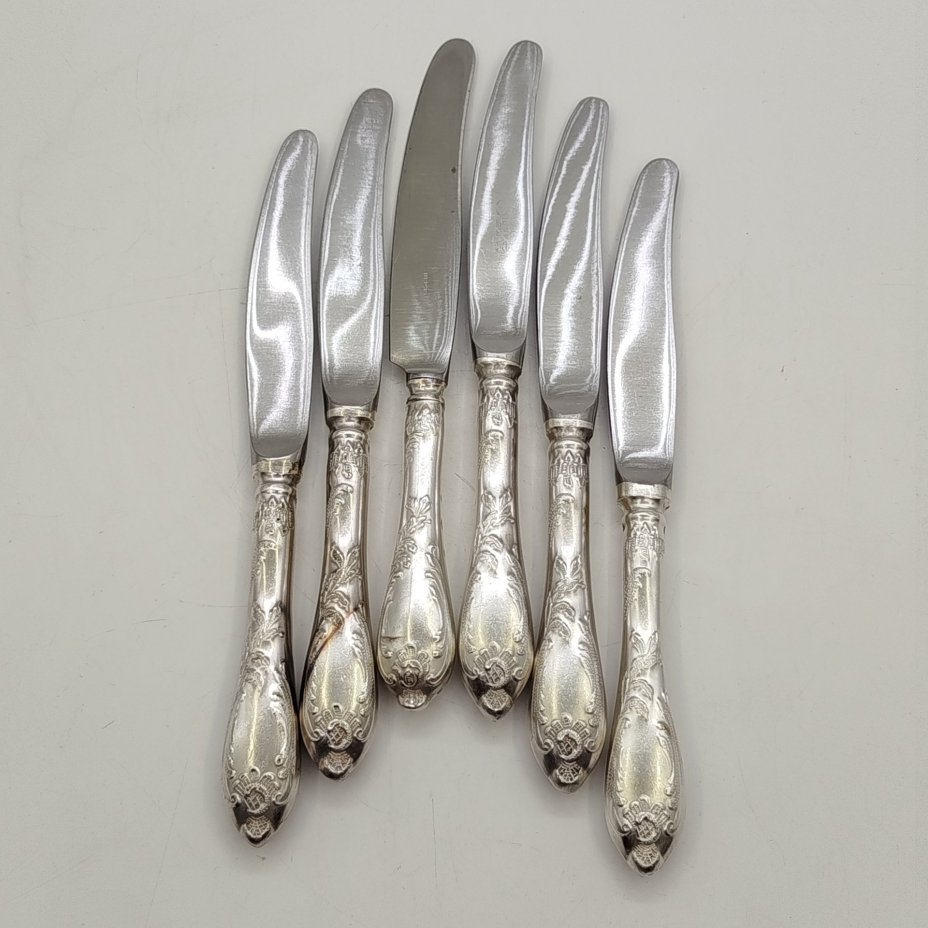 Набор из 6 десертных ножей "Пламя", мНЦ (медь-никель-цинк), Вольнянский завод столовых приборов им. Шевченко (ЗiШ, ЗиШ), СССР, 1970-1990 гг.