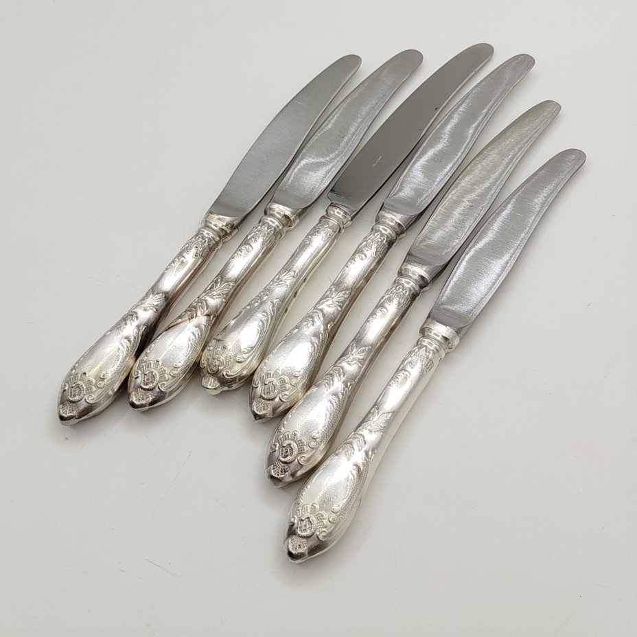 Набор из 6 десертных ножей "Пламя", мНЦ (медь-никель-цинк), Вольнянский завод столовых приборов им. Шевченко (ЗiШ, ЗиШ), СССР, 1970-1990 гг.