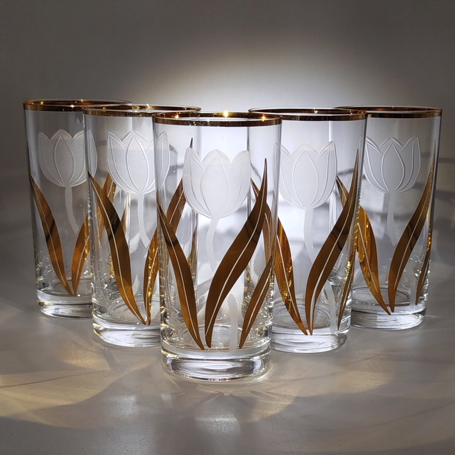 Набор из 5-ти стаканов, декорированных изображением тюльпанов, Bohemia Crystal (Bohemia Glass)
