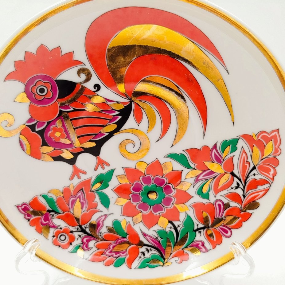 Пара чайная "Красный петух", автор рисунка А.В. Воробьевский (форма "Ленинградский"), фарфор, деколь, золочение, Ленинградский фарфоровый завод (ЛФЗ), СССР, 1970-1992 гг.