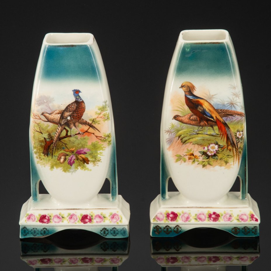 Парные вазы в стиле Art Deco, украшенные изображением птиц, Wasmuel Ceramics, фаянс, деколь, золочение, Бельгия, 1920-1940 гг.