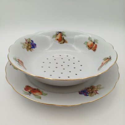 Набор для подачи фруктов и ягод (дуршлаг и тарелка), фарфор, деколь, золочение, Winterling Marktleuthen Bavaria, Бавария, 1950-1980 гг.