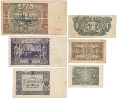 Набор банкнот Польша 1, 10, 20  и 50 злотых 1919-1931 гг. (5 бон)