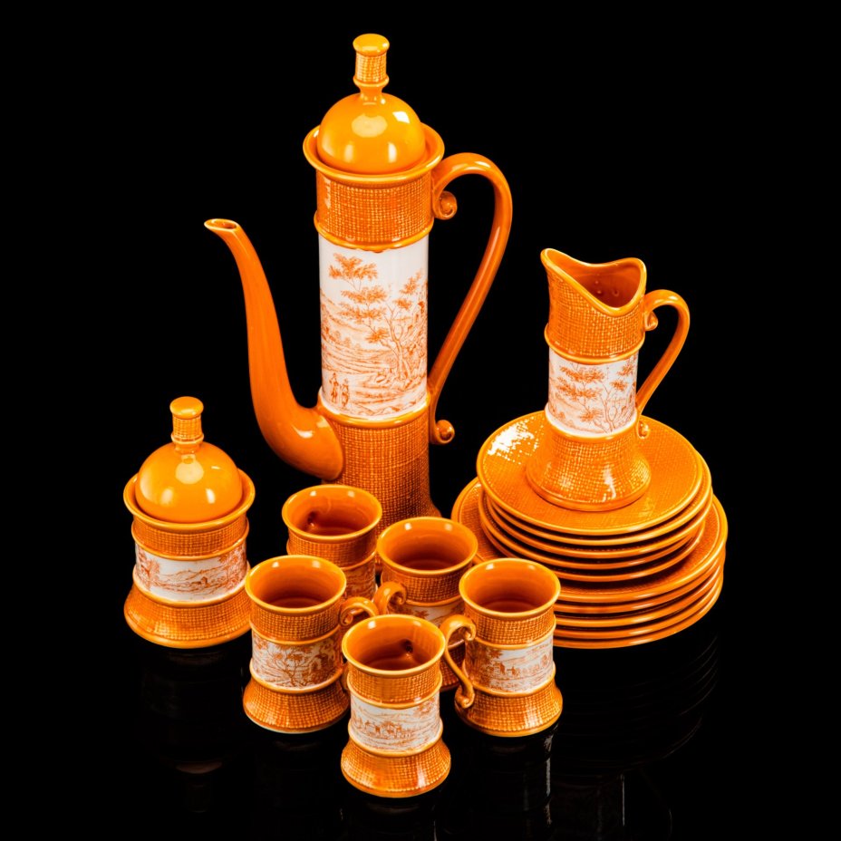 Сервиз чайно-кофейный на 5 персон, украшенный изображением пейзажа (18 предметов)