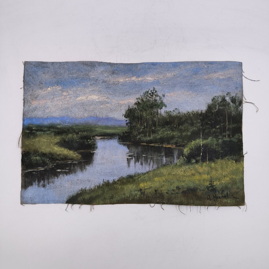 Картина "Летний пейзаж с водоемом", подпись "А. Нис..." (неразборчиво), холст, масло, Россия, 1970-2000 гг.
