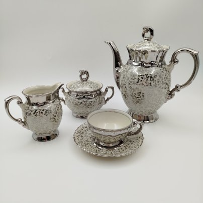 Сервиз кофейный на одну персону (5 предметов), украшенный растительным декором, фарфор, серебрение, Mitterteich Bavaria, Бавария, 1931-1945 гг.
