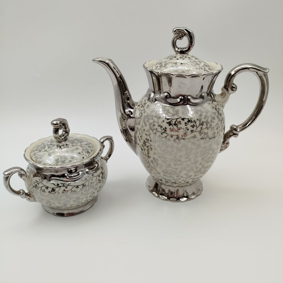 Сервиз кофейный на одну персону (5 предметов), украшенный растительным декором, фарфор, серебрение, Mitterteich Bavaria, Бавария, 1931-1945 гг.