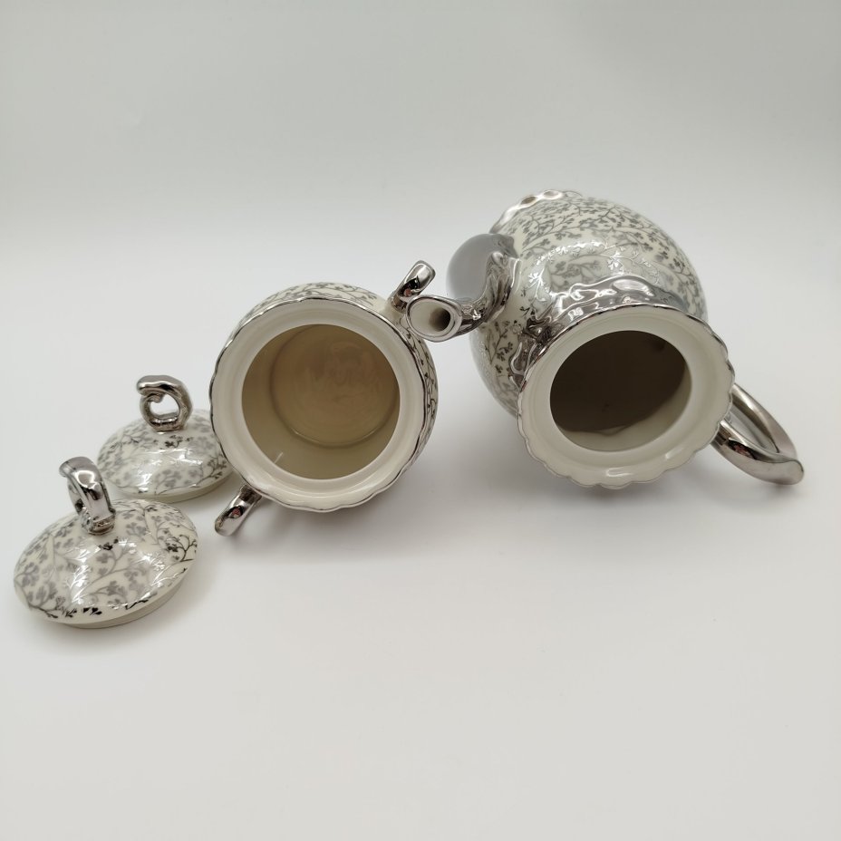 Сервиз кофейный на одну персону (5 предметов), украшенный растительным декором, фарфор, серебрение, Mitterteich Bavaria, Бавария, 1931-1945 гг.