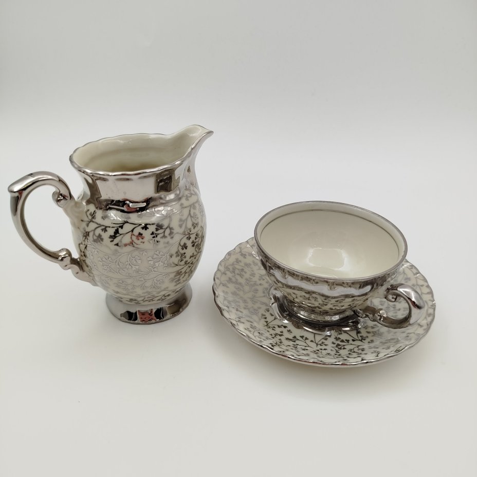 Сервиз кофейный на одну персону (5 предметов), украшенный растительным декором, фарфор, серебрение, Mitterteich Bavaria, Бавария, 1931-1945 гг.