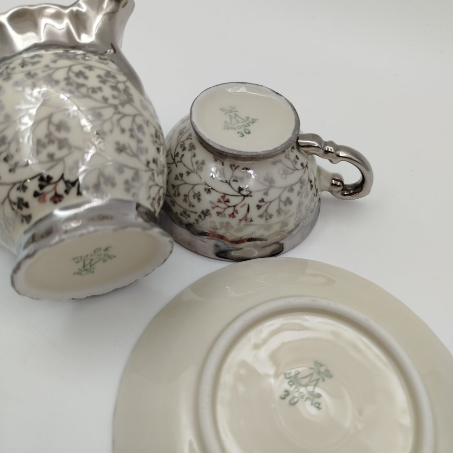 Сервиз кофейный на одну персону (5 предметов), украшенный растительным декором, фарфор, серебрение, Mitterteich Bavaria, Бавария, 1931-1945 гг.