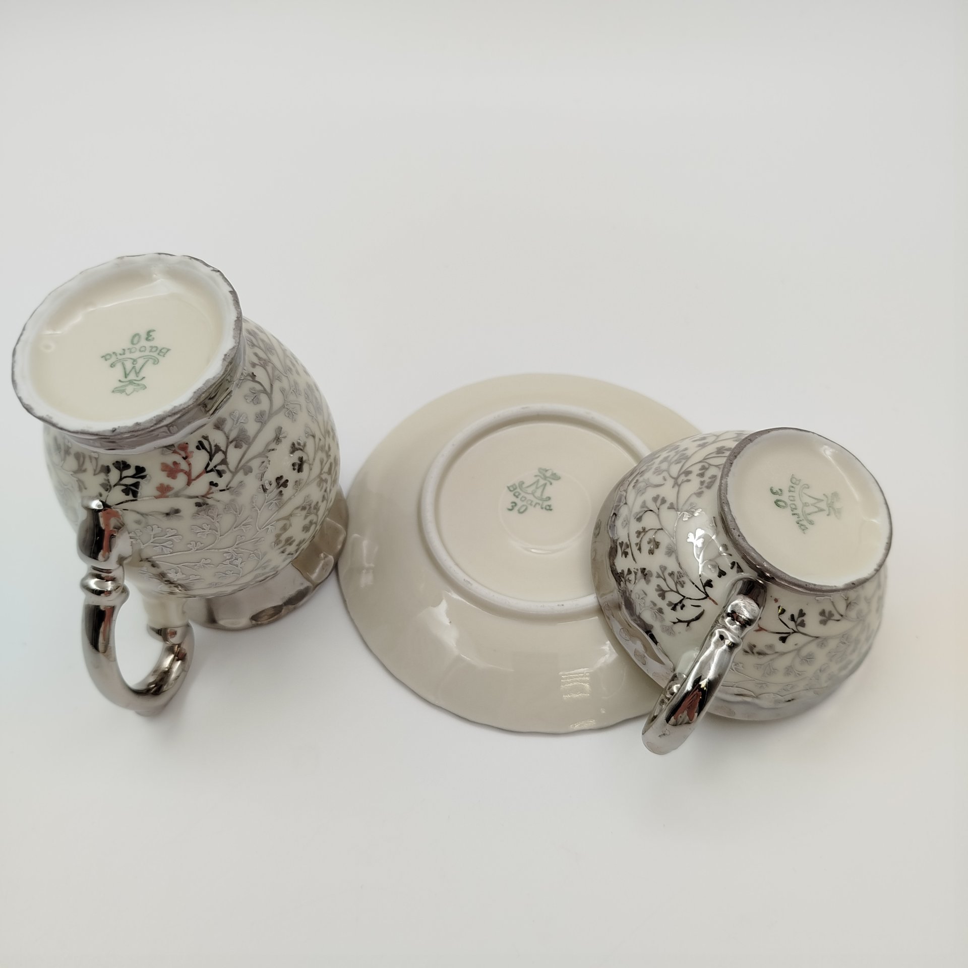 Сервиз кофейный на одну персону (5 предметов), украшенный растительным декором, фарфор, серебрение, Mitterteich Bavaria, Бавария, 1931-1945 гг.