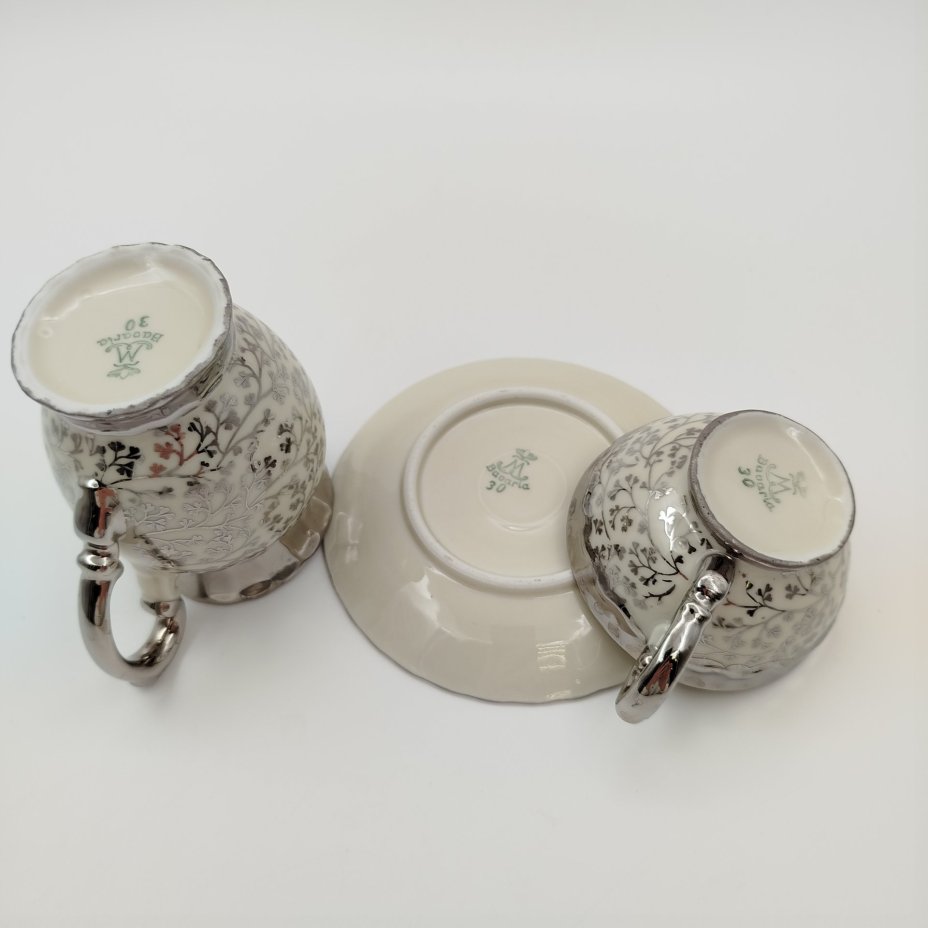 Сервиз кофейный на одну персону (5 предметов), украшенный растительным декором, фарфор, серебрение, Mitterteich Bavaria, Бавария, 1931-1945 гг.