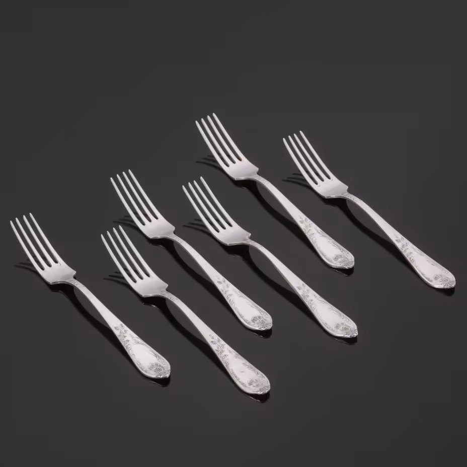 Набор из 6 столовых вилок, украшенных растительными мотивами на черенках, Вольнянский завод столовых приборов им. Шевченко (ЗiШ