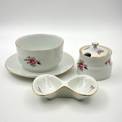 Набор для специй с цветочным декором (соусник, горчичница и менажница), фарфор, деколь, золочение, Bohemia (Neurohlau), Чехословакия, 1970-1990 гг.