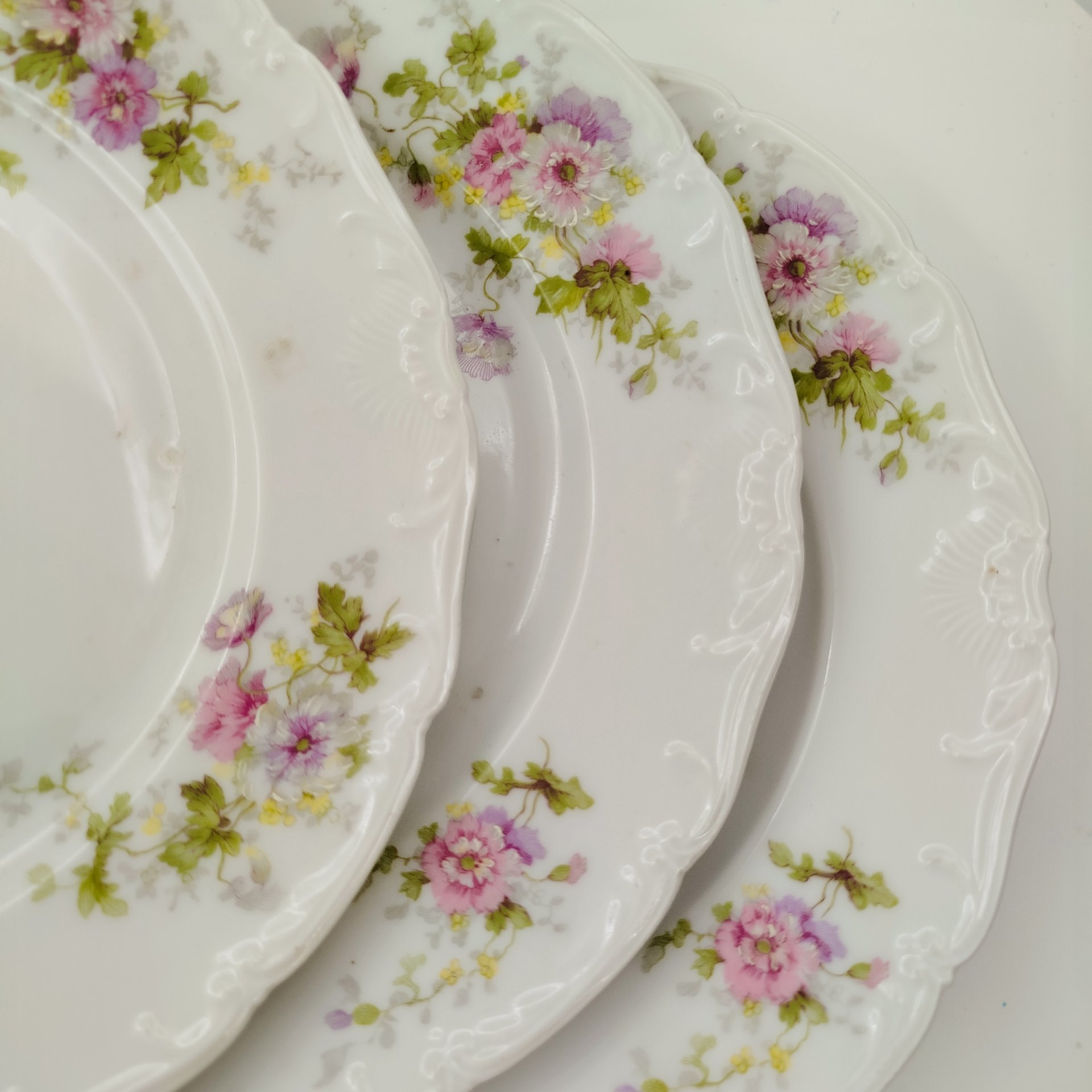 Набор из 8-ми обеденных тарелок с цветочным декором и рокайлями, фарфор, деколь с подрисовкой, Фабрика князя Друцкого-Любецкого в Цмелеве, Российская империя, 1887-1917 гг.