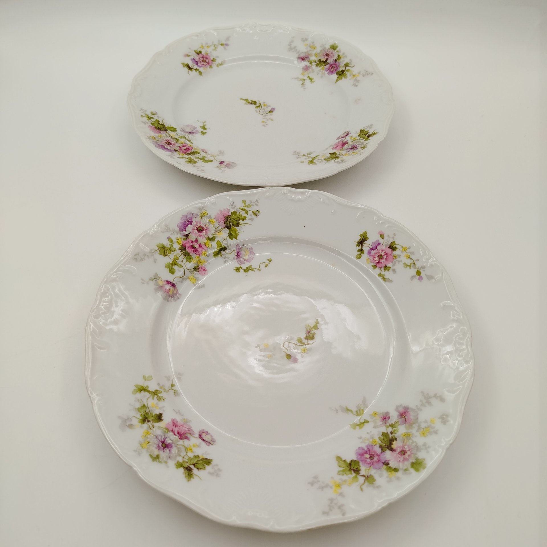 Набор из 8-ми обеденных тарелок с цветочным декором и рокайлями, фарфор, деколь с подрисовкой, Фабрика князя Друцкого-Любецкого в Цмелеве, Российская империя, 1887-1917 гг.