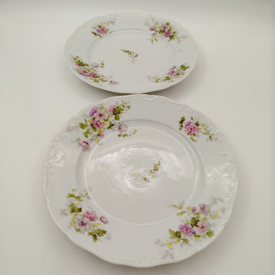 Набор из 8-ми обеденных тарелок с цветочным декором и рокайлями, фарфор, деколь с подрисовкой, Фабрика князя Друцкого-Любецкого в Цмелеве, Российская империя, 1887-1917 гг.