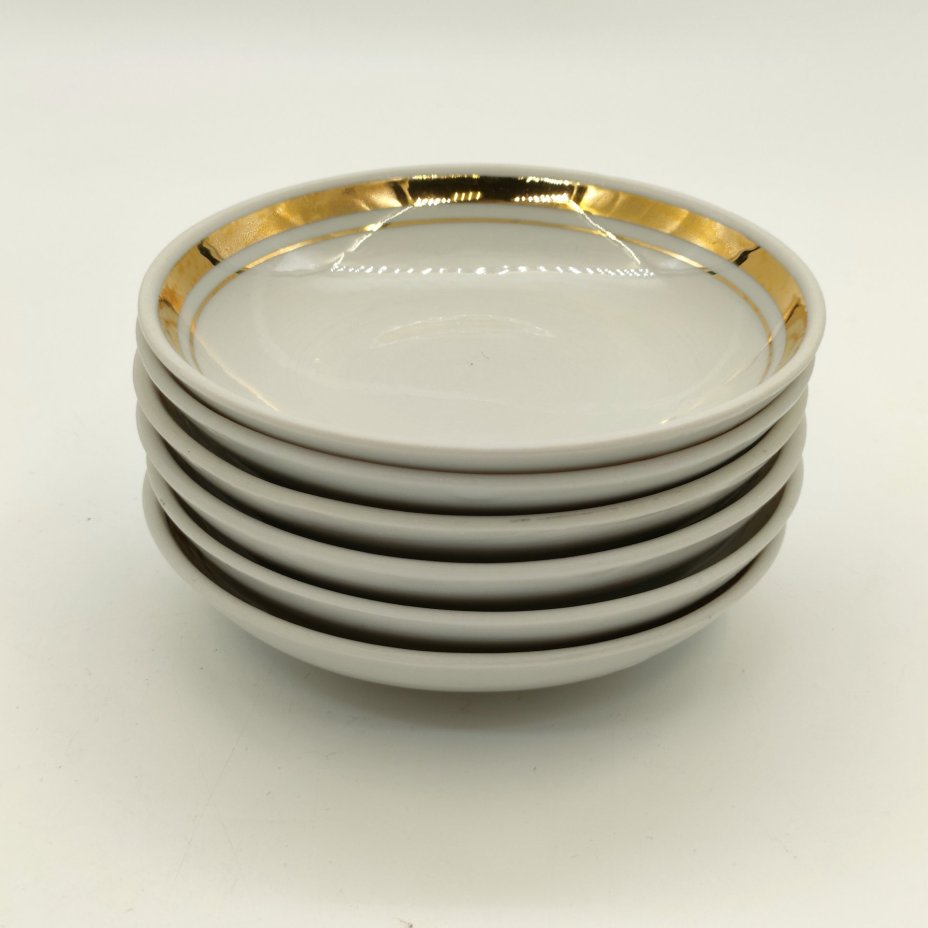 Набор из 6-ти розеток с золотистой каймой, фарфор, золочение, Завод «Красный фарфорист» (Чудово, Грузинская фарфорово-фаянсовая фабрика), СССР, 1962-1971 гг.