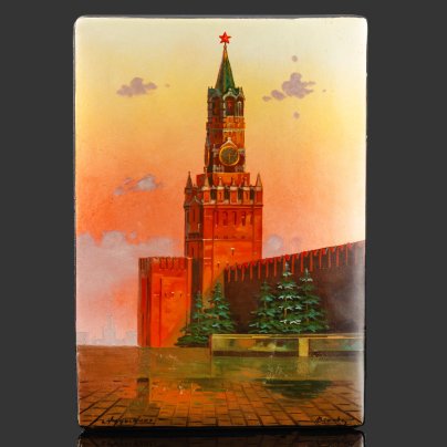 Шкатулка "Кремль" с олимпийской символикой, автор росписи Власова, папье-маше, роспись, лак, Федоскинская фабрика миниатюрной живописи (Федоскино), СССР, 1980 г.
